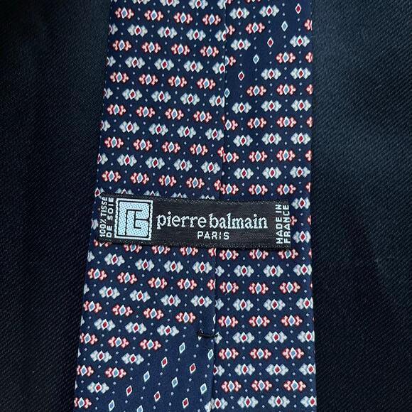 Vintage Balmain Paris Made in France 100% Silk Tie Navy Geometric Pattern - Picture 3 of 5